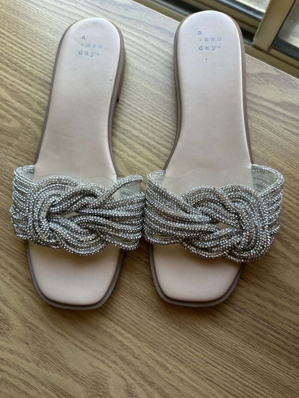 A New Day Slide Sandals Size 8.5 Rhinestone Knot Nude Flat